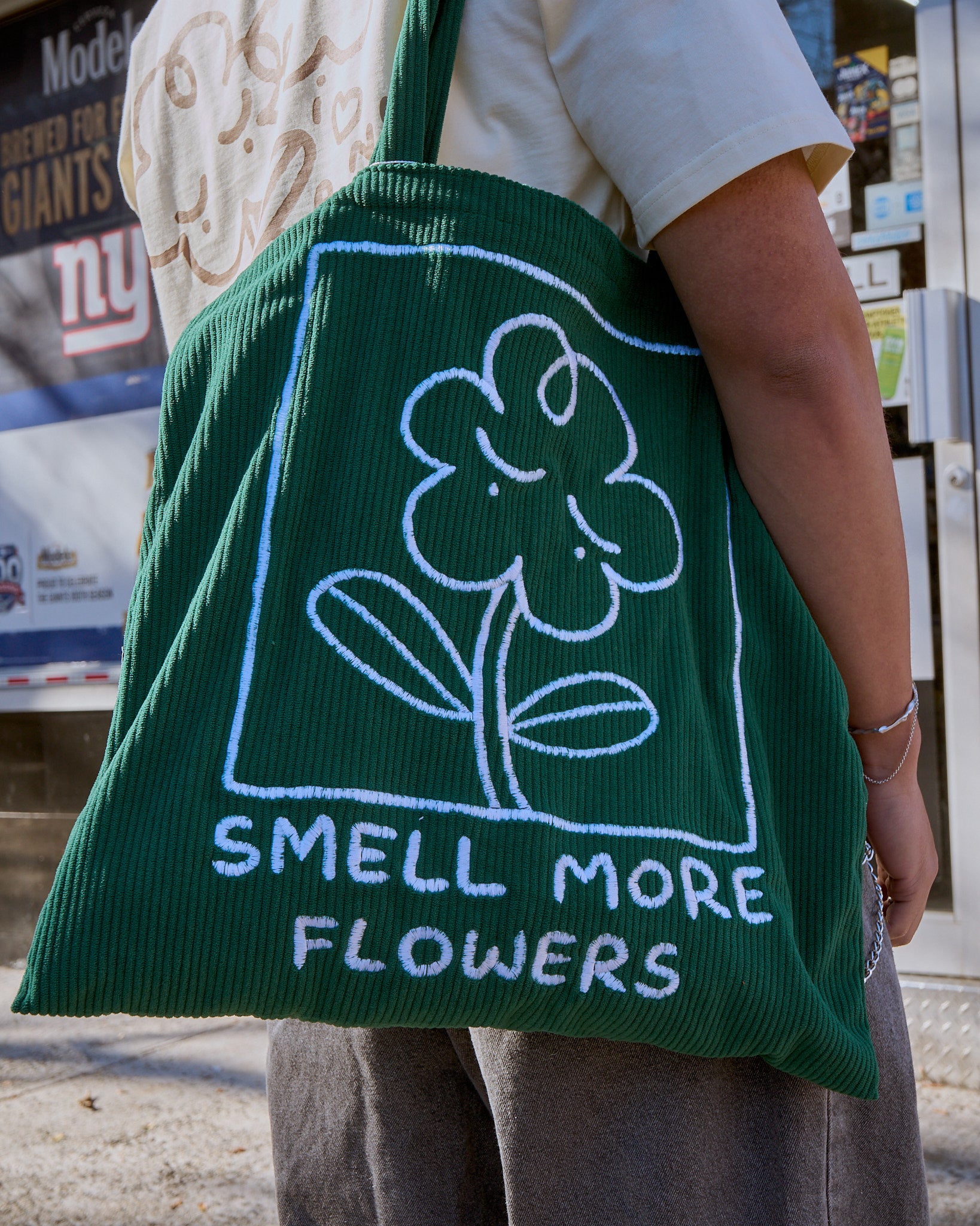 elu.Fleur tote（square）Corduroy SMELL MORE FLOWERS: Larger Square Corduroy Tote Bag – Karepango